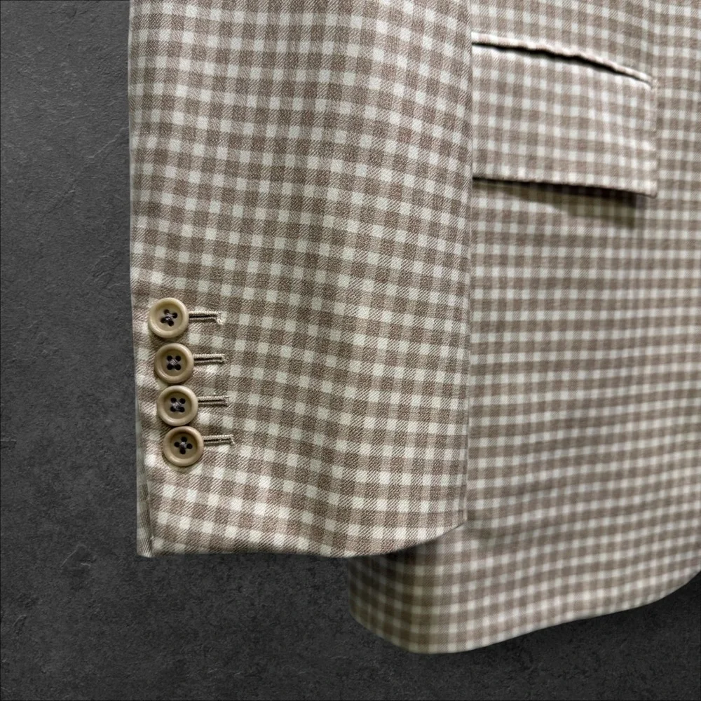 Kiton Napoli 100% Cashmere Gingham Sport Coat Blazer Tan White Mens 52‎ IT 42 US